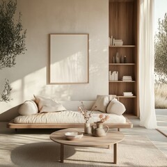 A white sofa is in the middle of a room with a white wall. A white coffee table is in front of the sofa. A vase with flowers is on the coffee table. A white bookcase is in the background