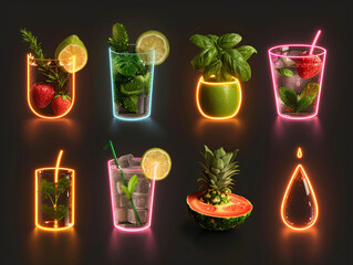 Set of neon lights with various drinks and fruits