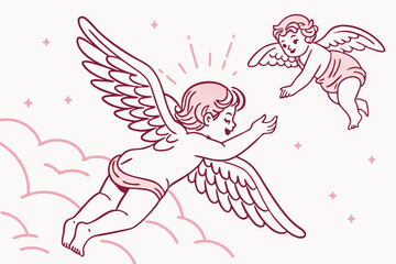 Cherub, angel, pink monochrome, watercolor effect, floating, wings, romantic, vintage style, Renaissance-inspired, ethereal, delicate lines, soft shading, playful pose, cupid-like, whimsical, heavenly