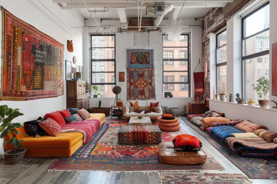 Bright studio features mismatched furniture and colorful rugs, inviting creativity and inspiration throughout the space