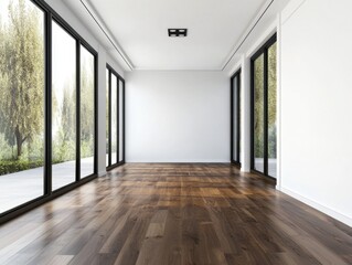 A large room with a wooden floor and a white wall. There are no people or furniture in the room