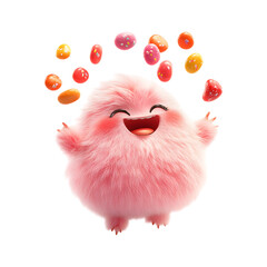Fluffy Pink Bird with Balloons Juggling Glowing Candy Isolated on Transparent Background
