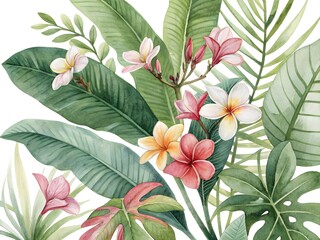 Watercolor of Tropical spring floral green leaves and flowers