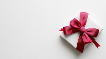 White gift box with crimson ribbon bow on white background; holiday celebration