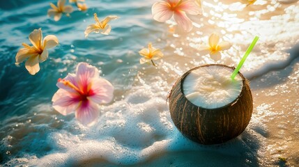 A fresh coconut drink with a straw and tropical flowers floats above it, resting on a sandy beach with turquoise waves. Golden sunlight creates a dreamy scene, enhancing the vibrant colors.
