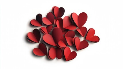 Many red paper hearts on white