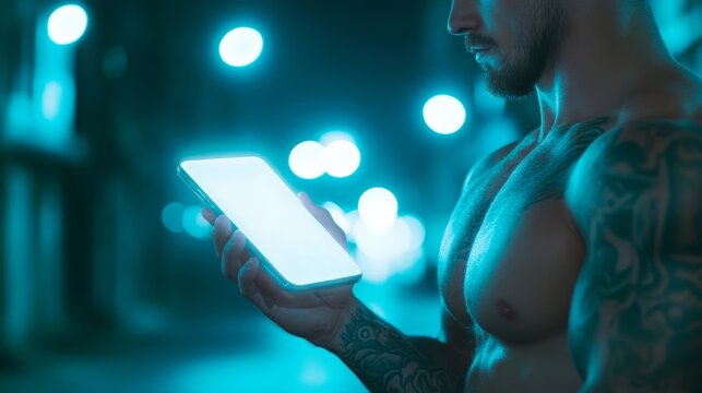 Cyberpunk hand with glowing tattoos holding a futuristic transparent smartphone neon lights reflecting on the screen against a moody dark urban backdrop