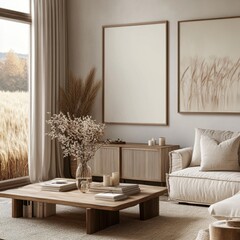 A living room with a white couch and a coffee table. The coffee table has a vase of flowers on it