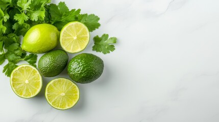 Elegant A flat lay of organic avocados some halved and some whole arranged with fresh lime slices and cilantro on a marble countertop 