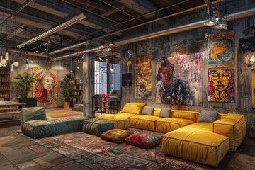 Obraz premium This loft art space combines a gallery area, studio spaces, and a cozy café corner, showcasing modern industrial design