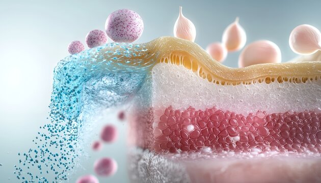 A 3D-rendered diagram of skin anatomy, highlighting the hair follicle, dermis, and epidermis, glowing with educational detail.