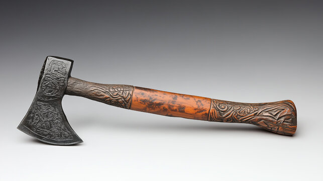 Viking-Style Axes with Carved Wooden Handles – Intricately Designed Historical Weapons
