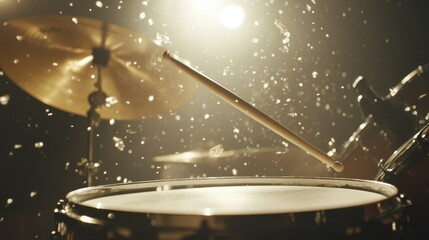Dramatic drum performance with splashes and cymbals in spotlight