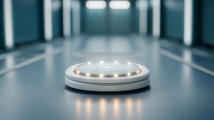 Elegant AI hologram projecting a spinning quantum processor with glowing particles and mathematical symbols floating in a futuristic blue lab 