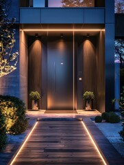 Fototapeta premium Biometric door glows at night, with a sleek path illuminated by soft LEDs leading to the modern home entrance