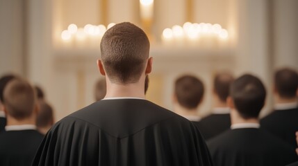 Elegant black Gospel choir in matching robes singing with joy clapping and swaying framed by a grand church altar with glowing candles 