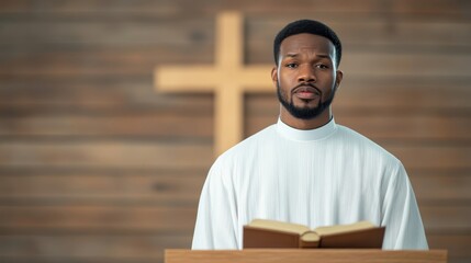 Elegant Black pastor in a white robe passionately preaching from a wooden pulpit Bible in hand with a cross glowing behind him 