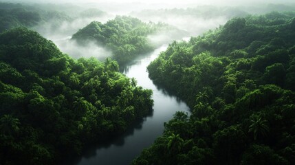 Lush Green Rainforest River Valley Landscape