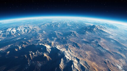 Stunning aerial view of earth's mountains and deserts from space, starry sky above