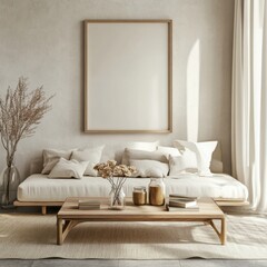A white couch with pillows and a vase of flowers on it. A white framed picture hangs on the wall