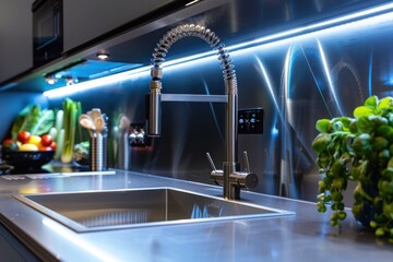 High-tech faucet features touch-free controls and a digital display, enhancing functionality and style in the kitchen
