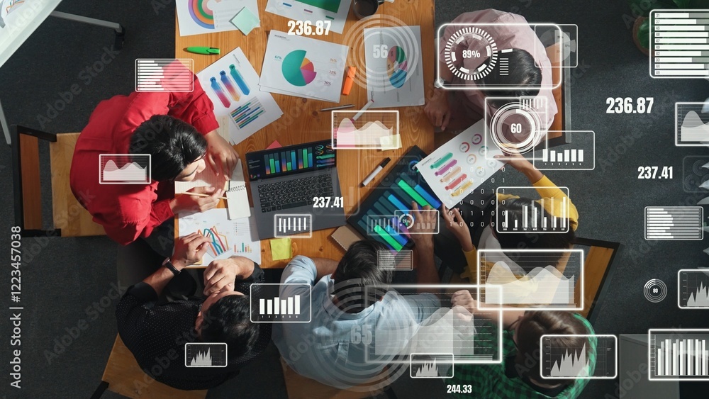 Poster top view of business people working financial graph with global networking. smart manager working to