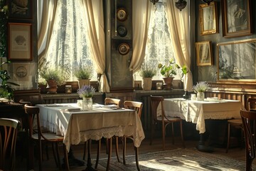 Charming restaurant with rustic tables, lavender decor, and natural light streaming through lace curtains