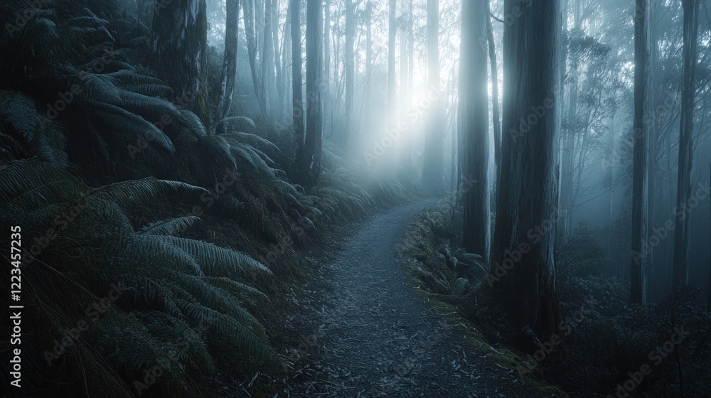Poster misty forest path leading through tall trees