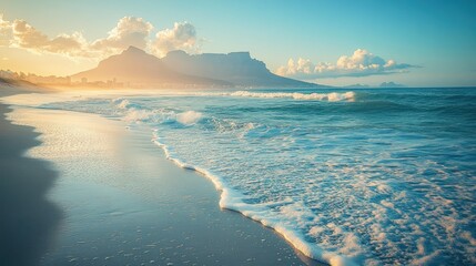 Serene Sunset Beach Scene with Majestic Mountain View