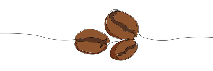 Three coffee beans continuous line drawing vector illustration. Cafe or coffee colourful shop symbol