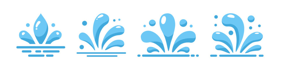 Set of four water splash icons with various shapes and patterns. Flat vector illustration in blue color isolated on white background. Water splash and liquid movement concept for design and print