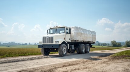 Elegant Cross country truck with a white cab hauling an oversized cargo covered in tarps traveling along a rural dirt road with farm fields in the background 