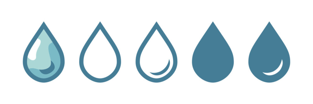 Set of water droplet icons in various styles and outlines. Blue teardrop shapes with solid, outlined, and gradient-filled designs on a white background. Design for templates, banners, and infographics
