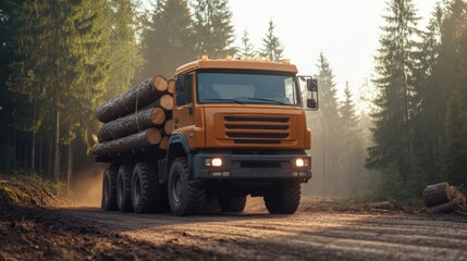 Elegant Cross country truck with an orange cab hauling a load of logs through a misty forest sunlight breaking through the tree canopy 