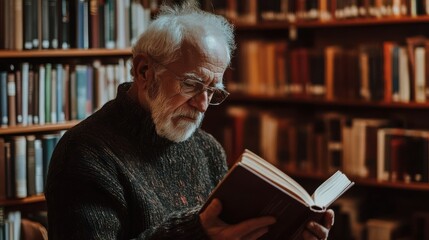 Elderly caucasian male reading book in library surrounded by shelves