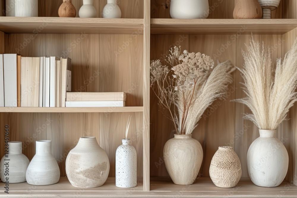 Poster close-up of a scandinavian bookshelf adorned with neutral decor items and design books under soft di