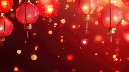 A festive display of glowing red lanterns with golden accents, set against a dark red background adorned with sparkling bokeh lights. Perfect for Chinese New Year celebrations, festive decorations