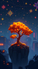 A Glowing Orange Tree on a Cyber-Mechanical Island: A Nostalgic Pixel Art Masterpiece