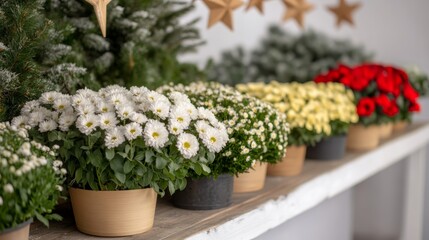 Elegant Dutch holiday market stall overflowing with colorful flower bouquets surrounded by frosted greenery and decorative wooden stars hanging overhead 