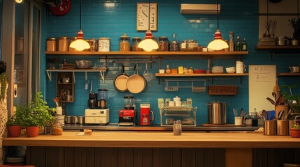 Stylish Kitchen Interior Design With Teal Tiles and Wooden Accents