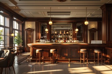 The elegant bar invites guests with leather stools and a backdrop of premium spirits in soft, golden light
