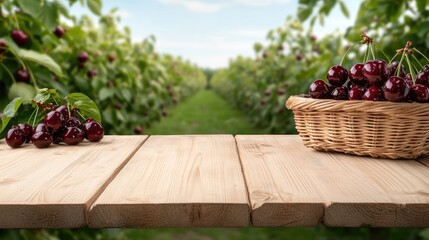 Fresh cherries and homemade cherry jam are beautifully arranged in a basket on a wooden table, surrounded by a blooming garden.