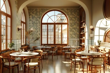 The elegant breakfast room features round tables and patterned wallpaper, bathed in soft natural light