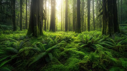 Fototapeta premium Sunlit Mossy Forest Floor Ferns and Tall Trees