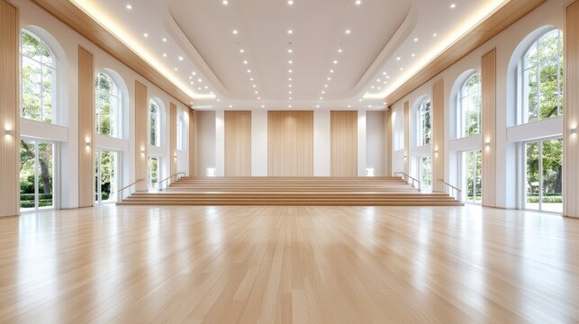 Spacious wooden hall with stage, large windows, garden view; event venue