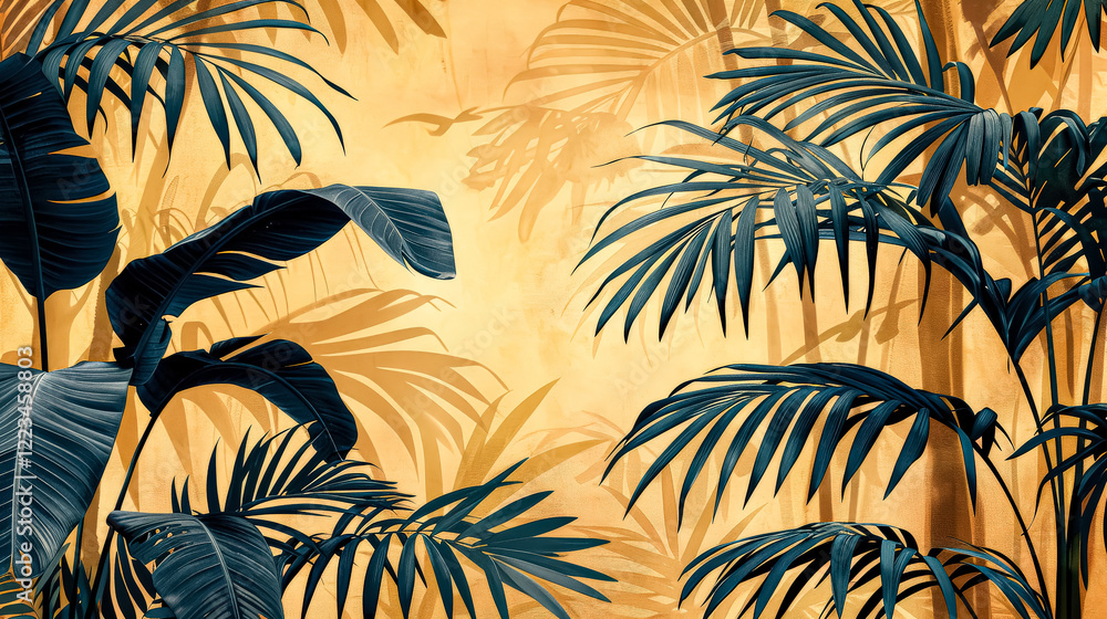 Poster close up of leaves with a gold and blue color scheme. the leaves are arranged in a way that creates 