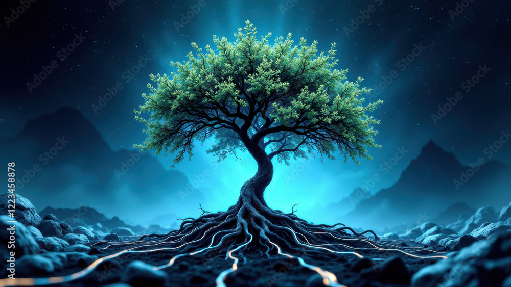 Aufkleber a stylized digital artwork featuring a tree with roots that merge into circuit-like patterns, symbol