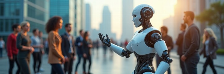 A futuristic robot engages with a diverse crowd in an urban setting, symbolizing the intersection of technology and humanity in modern business environments.