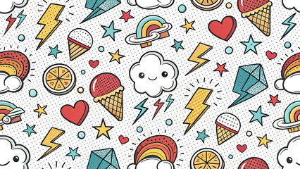 Illustration with ice cream, strawberries, hearts, stars, rainbow - seamless pattern for your design