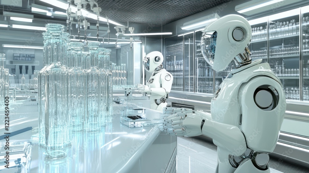 Poster robots in a futuristic sterile laboratory handling glass bottles